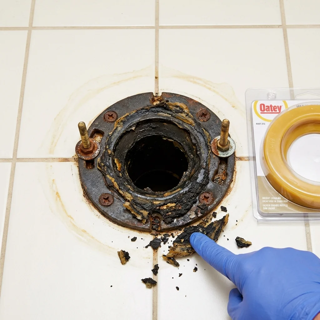 Failed wax ring showing water seepage at the base of a toilet in a Lebanon, VA home